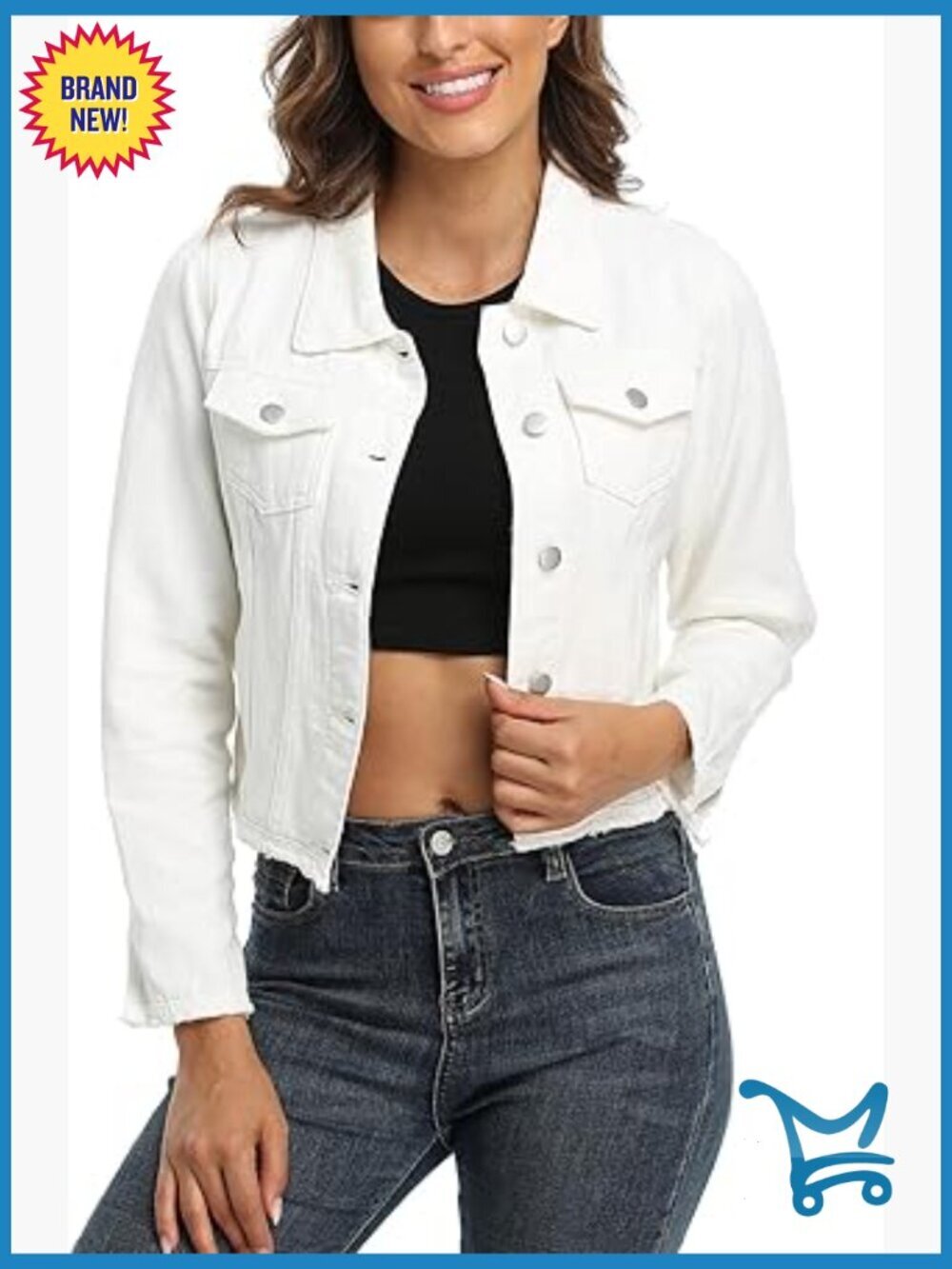 Cropped Denim Jacket with Frayed Hem Button Front 2 Pockets